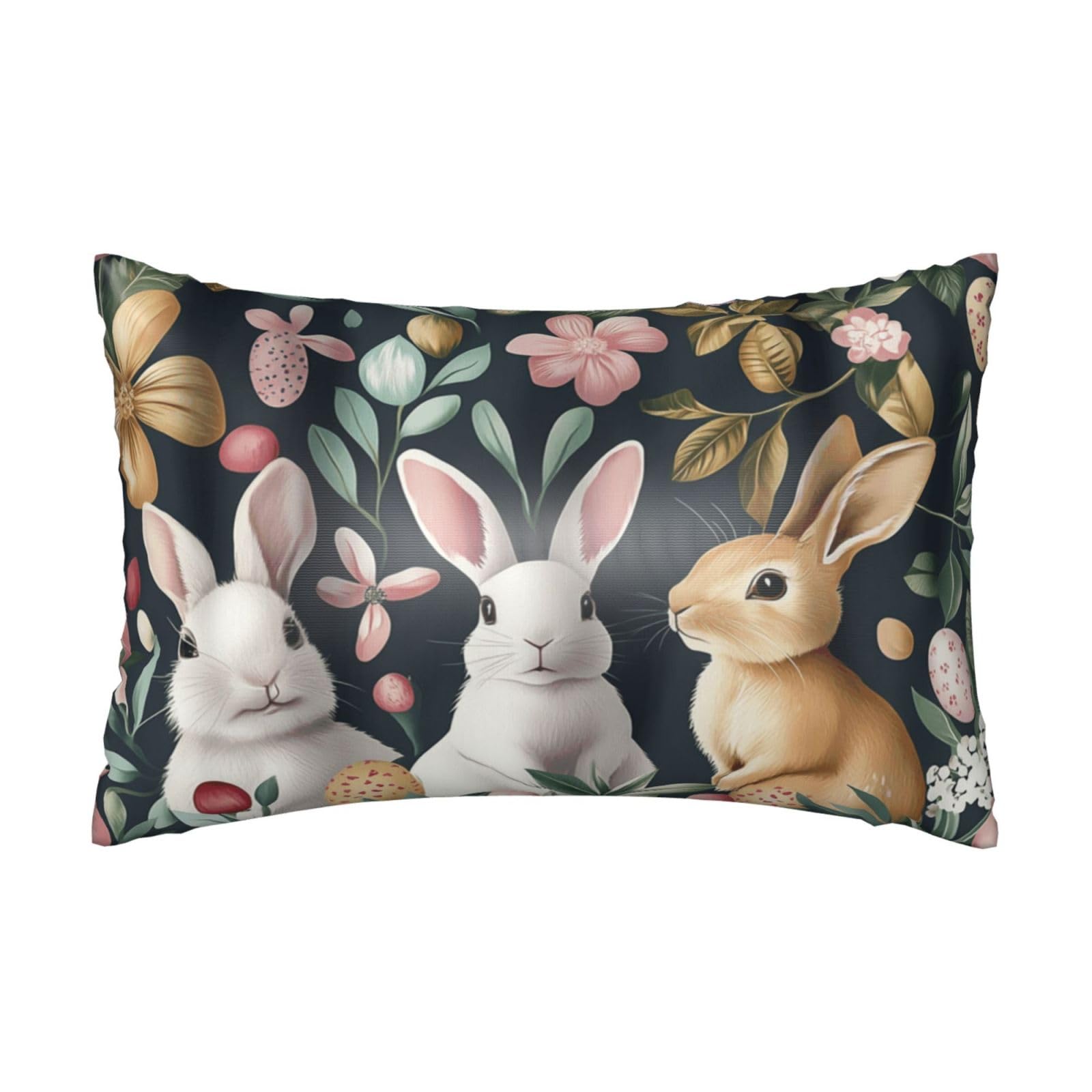 Easter Satin Pillowcase Bunny Rabbits Leaves Silk Pillow Cases for Hair and Skin Slipping Body Pillow Cover with Zipper Queen Size 20x30 Pillowcase Decorative for Kids Bedroom