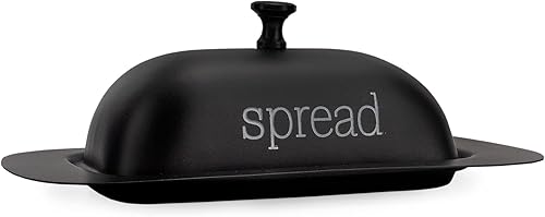 AuldHome - Plato de mantequilla esmaltado grande (negro) moderno plato de servir mantequilla esmaltada de granja con tapa