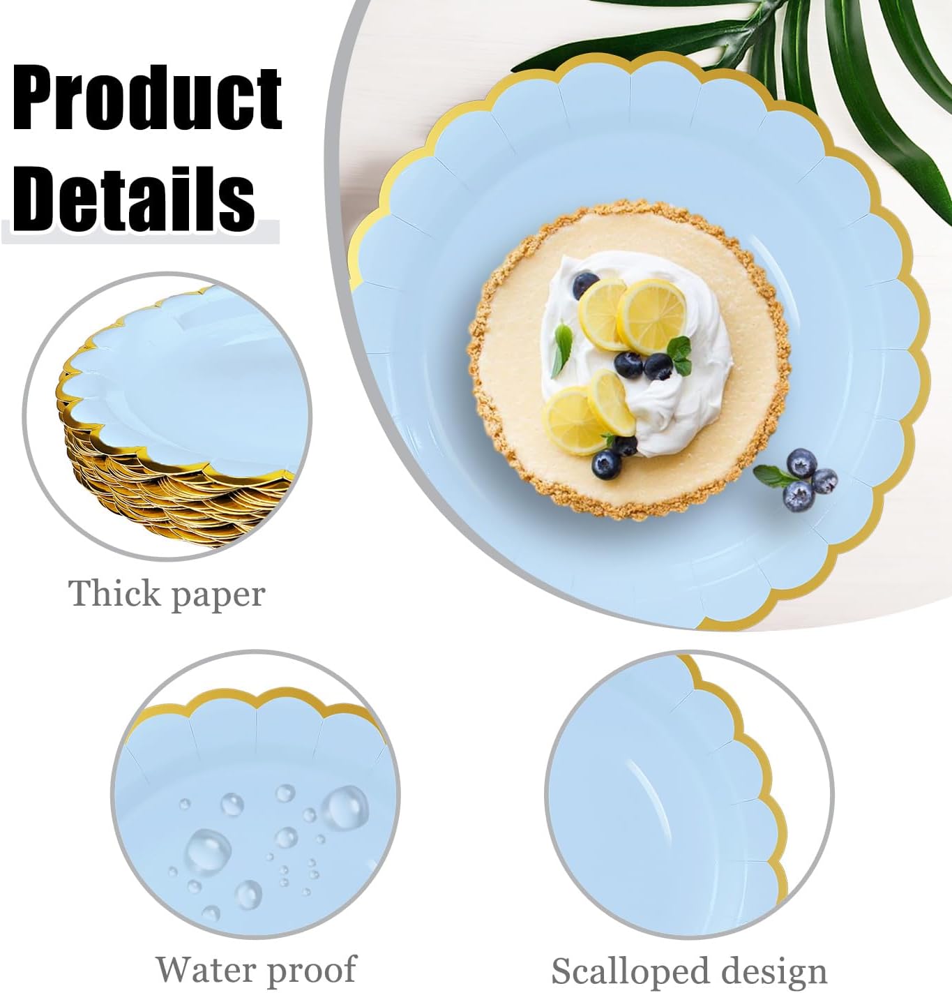 HEIPINIUYE 50 Pieces Light Blue Paper Plates with Gold Foil 7 Inch Disposable Baby Blue Scalloped Dinner Plates for Wedding Baby Shower Birthday Party Dessert Plate - Image 3