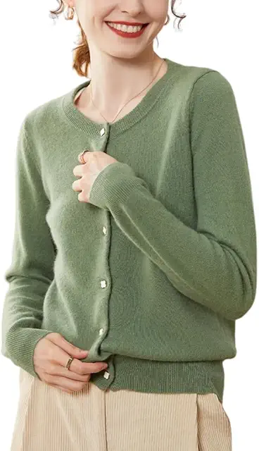 Gilet Cachemire Femme Vert Cardigan Tricoté Manches Longues - SPR2248