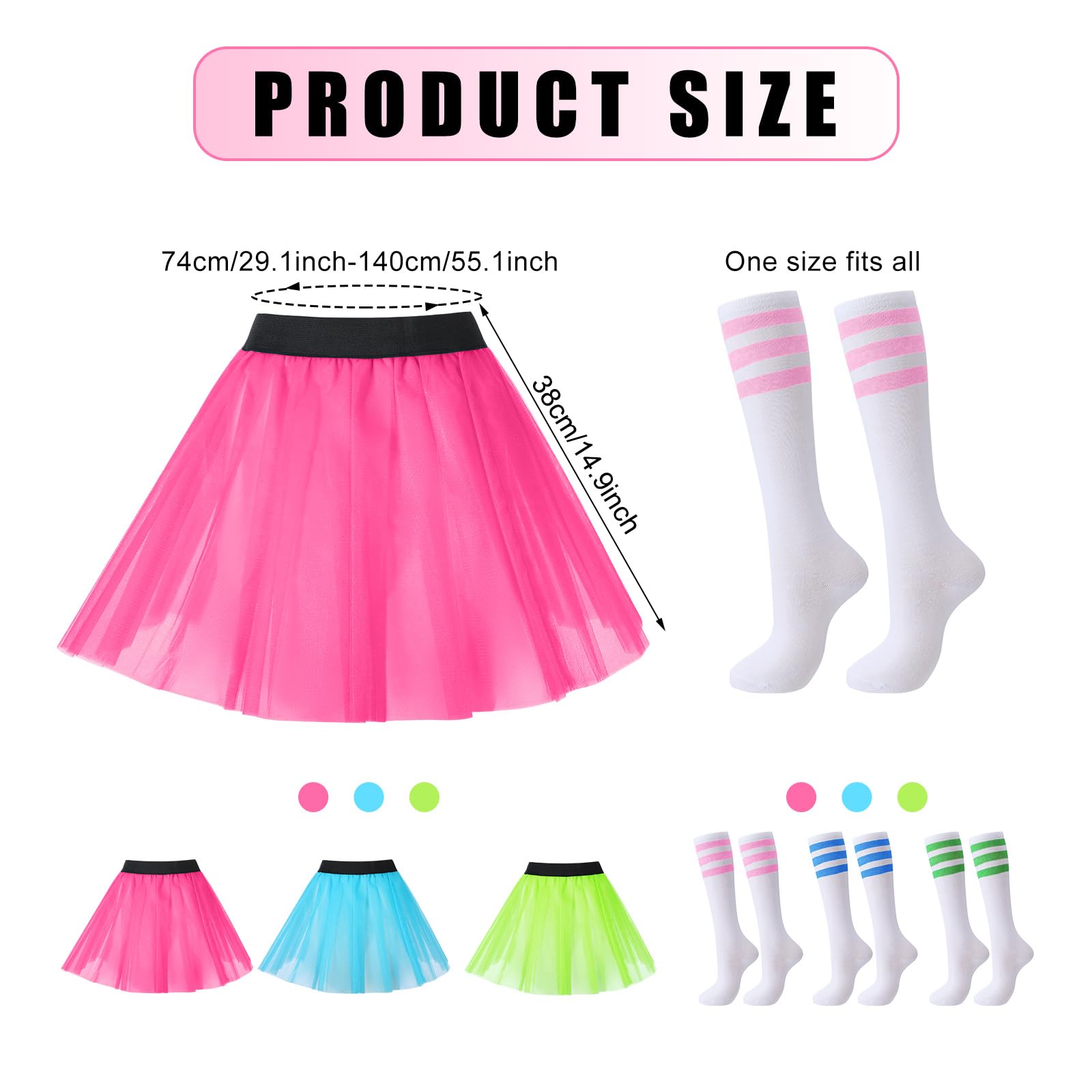 Lasnten 6 piezas de disfraz de Halloween, 3 faldas tutú para mujeres adultas, faldas tutú coloridas y 3 pares de calcetines a rayas hasta la rodilla para Halloween, cosplay, fiesta de baile