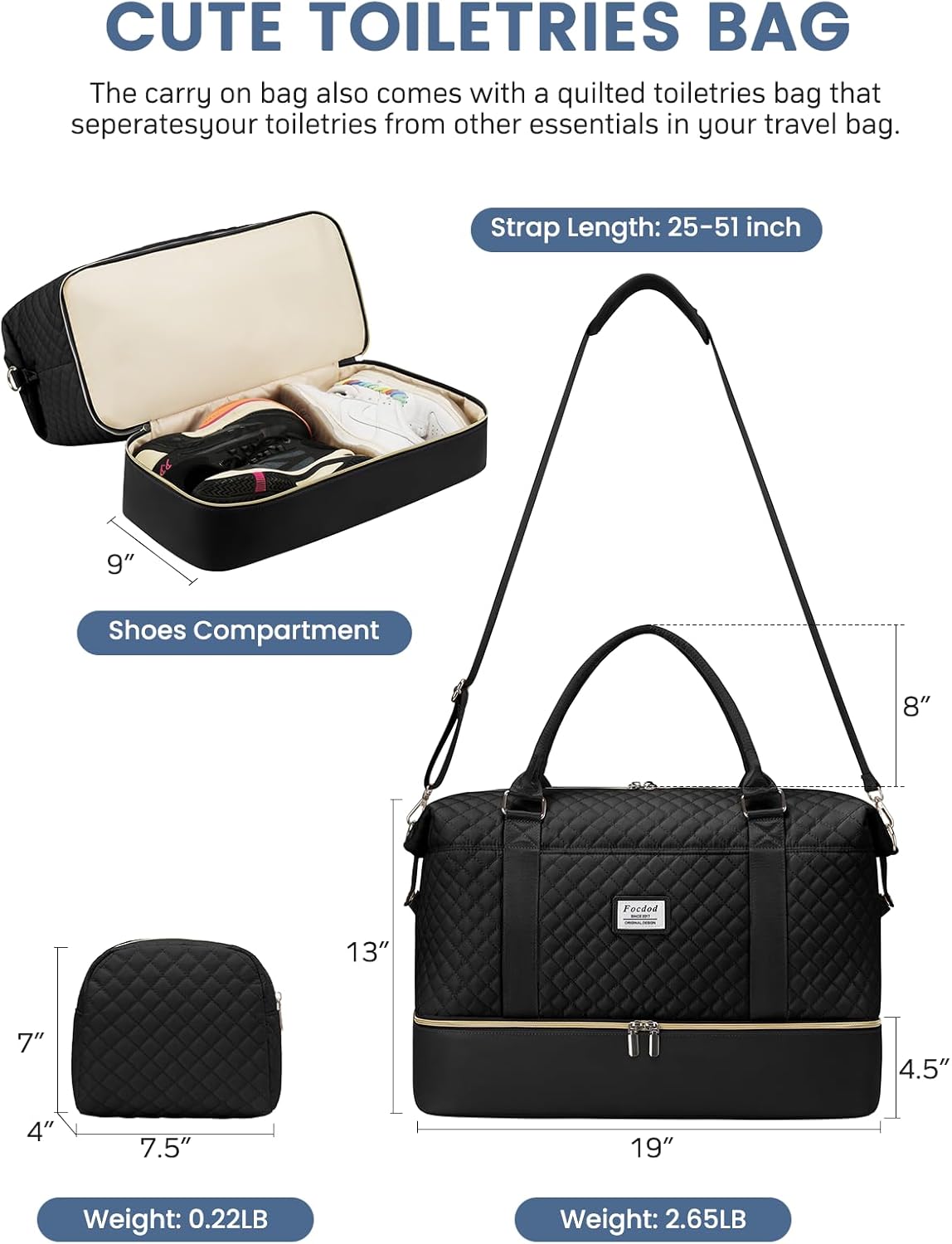 Travel Weekender Duffle Bags for Women: Overnight Bags with Shoe Compartment Large Carry on Weekend Bag with Toiletry & Wet Pocket Tote Duffel Bag Hospital Bag for Women Labor Delivery Black - Image 2