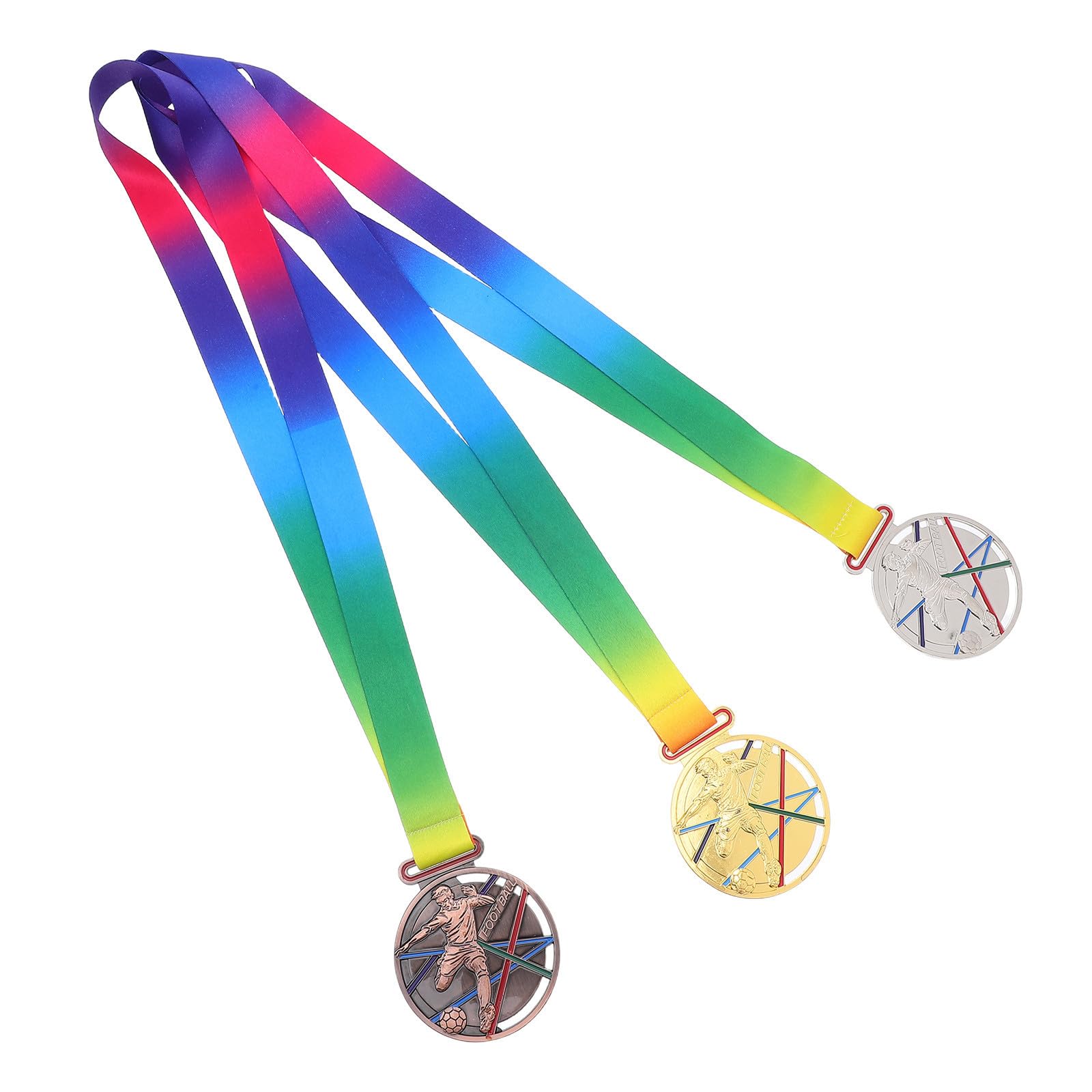 Medallas de fútbol en pack de tres piezas metálicas para torneos de adolescentes