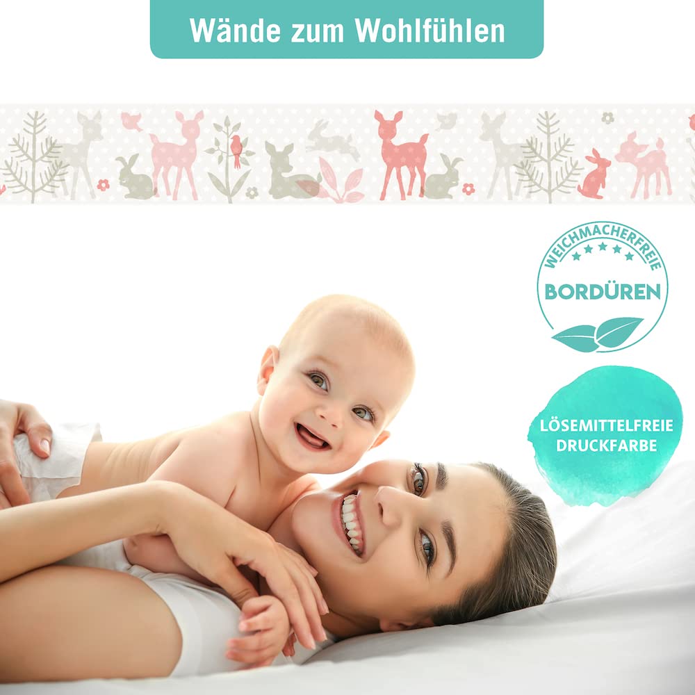 Bordüre selbstklebend HÄSCHEN & REHE APRICOT BEIGE - Wandbordüre Kinderzimmer Babyzimmer mit Hase & Reh Waldtiere - Wandtattoo Schlafzimmer Mädchen – Wanddeko Baby Kinder