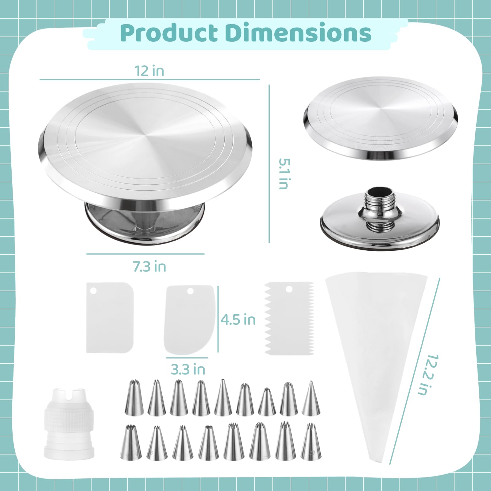 Kuchen-Drehplatte aus Aluminiumlegierung, 12 Zoll Torten-Set mit Spritzbeutel, 17 Spritztüllen, 3 Kunststoffschabern, Kuppler, rutschfeste rotierende Plattform zum Backen und Dekorieren