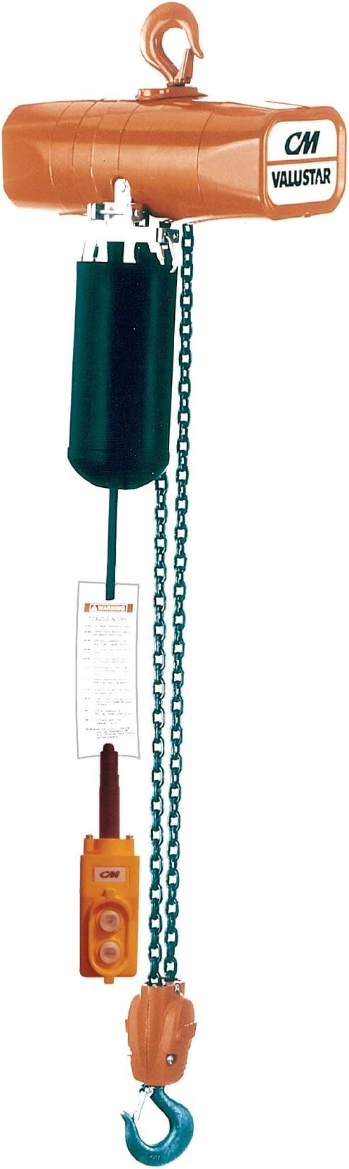 CM Valuestar Electric Chain Hoist, Three Phase, Hook Mount, 2 Ton Capacity, 10' Lift, 8 fpm Max Lift Speed, 1-5/16" Hook Opening, 230V