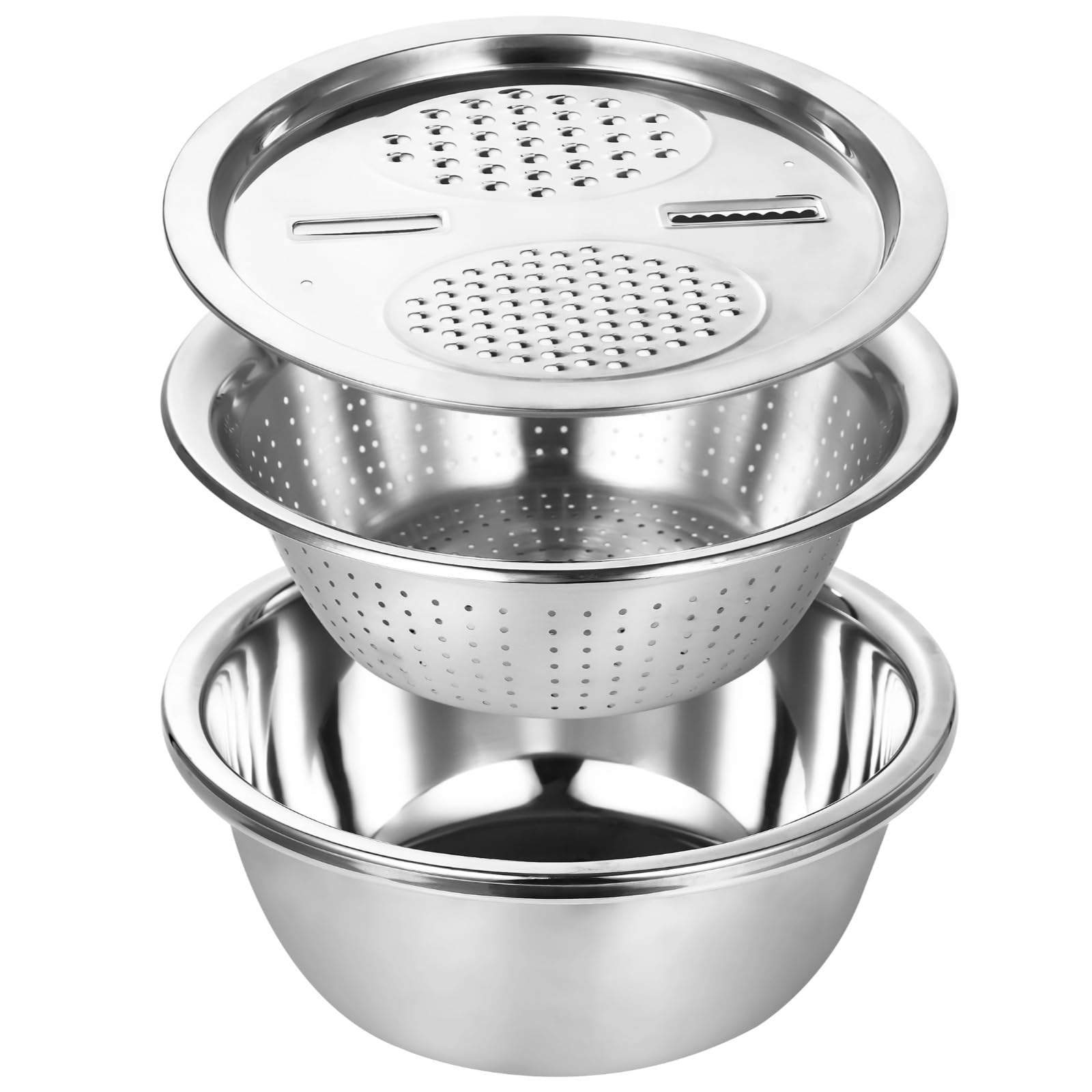 Multifunctional Stainless Steel Basin with Grater, 11 in / 28 cm Salad Maker Bowl, Vegetable Slicer Shredder Colander, Stainless Steel Grater Bowl Set for Kitchen