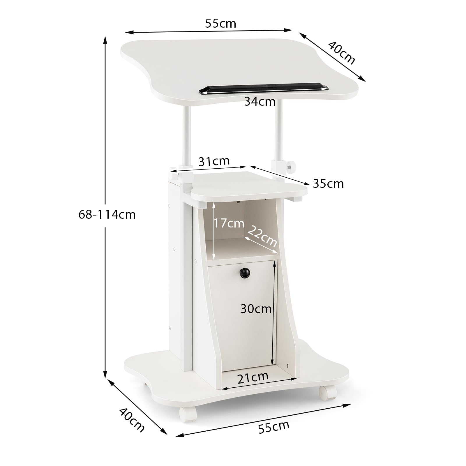 GYMAX Podium Roulant pour Ordinateur, Pupitre Plateau Inclinable 180°, Hauteur Réglable, Compartiments de Rangement, roulettes Verrouillables, Bureau Assis-Debout pour Maison, Bureau, École (Blanc)