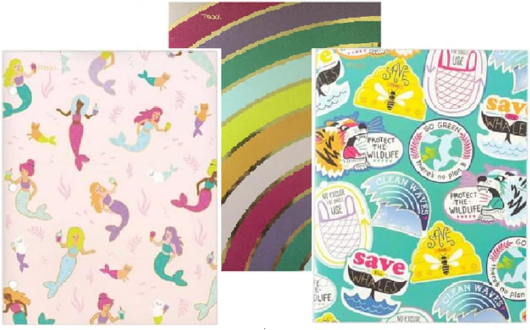 Bundle of 3: Mermaid, Rainbow, and Save The Planet Portfolio Folders: 3-Hole Punched 2-Pocket Design Pink, Purple