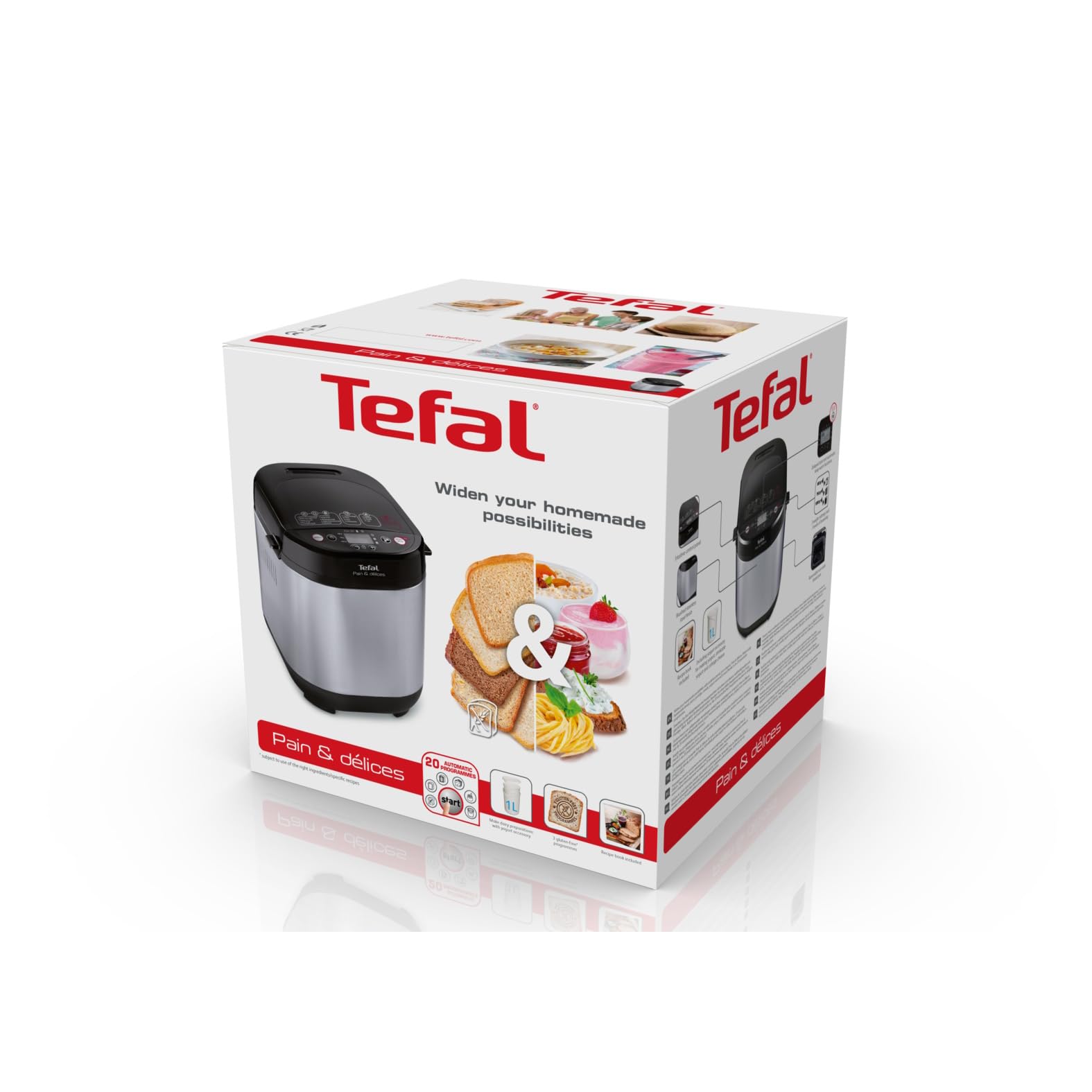 Tefal Brotbackautomat Pain & Délices, 20 Backprogramme, 3 Brotgrößen und Bräunungsstufen einstellbar, auch für Kuchen - Pizza - Nudelteig, Backform antihaftbeschichtet, schwarz/Edelstahl, PF240E