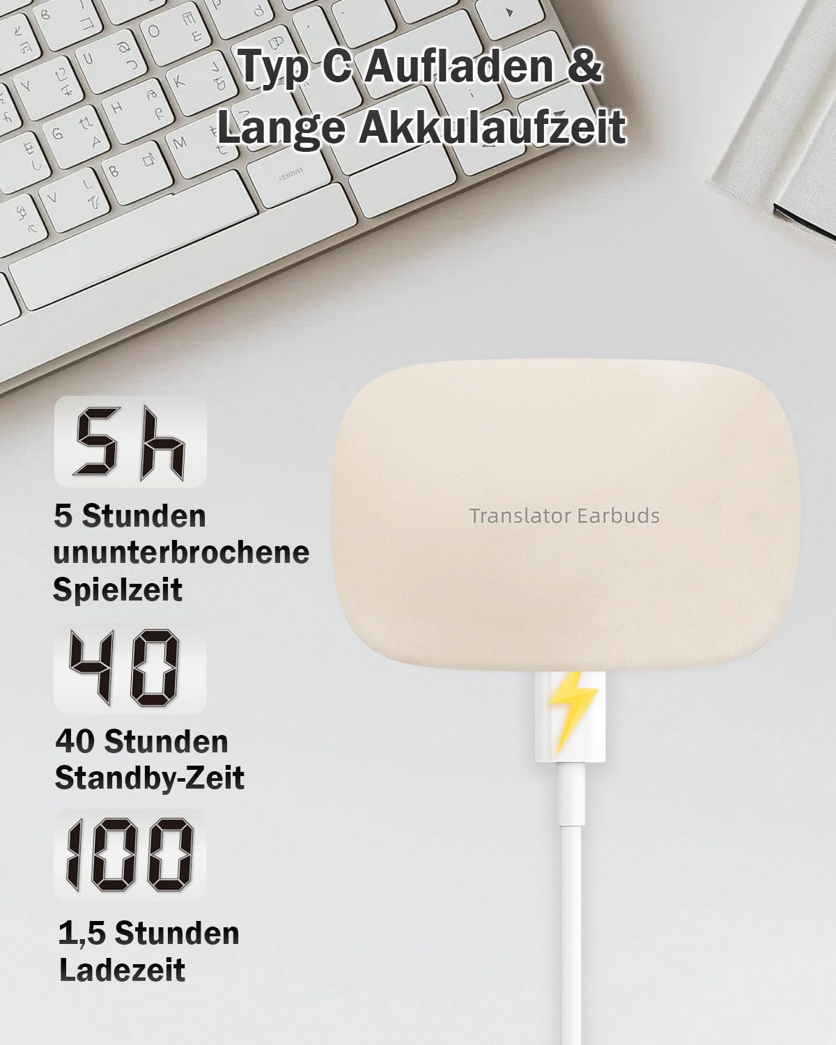 KI Übersetzer Kopfhörer Ohne Internet, 3-in-1 Echtzeit Sprachübersetzer mit 144 Online & 11 Offline Sprachen, Bluetooth 5.4, Ladecase, Beige