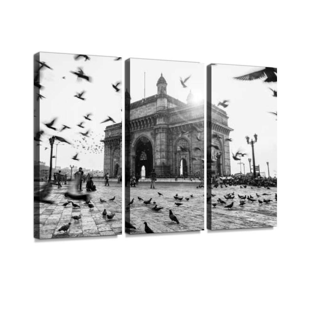 BELISIIS Gateway of India Mumbai City Monochrome Wall Artwork Exclusive Photography Vintage Paintings Print on Canvas Home Decor Wall Art 3 Panels Framed Ready to Hang