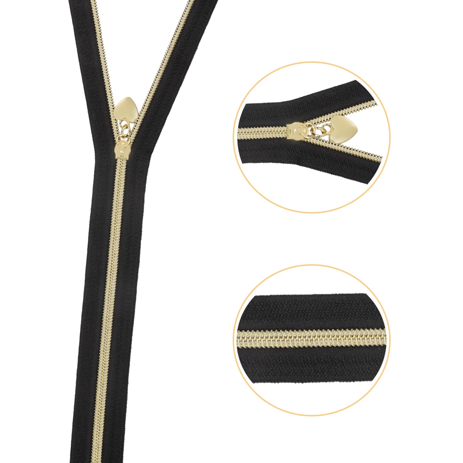VOKABY 9m #5 Endlosreißverschluss mit Zipper 6mm,Reißverschluss mit 20 Metall-Reißverschlussanhängern (Gold,Schwarz)