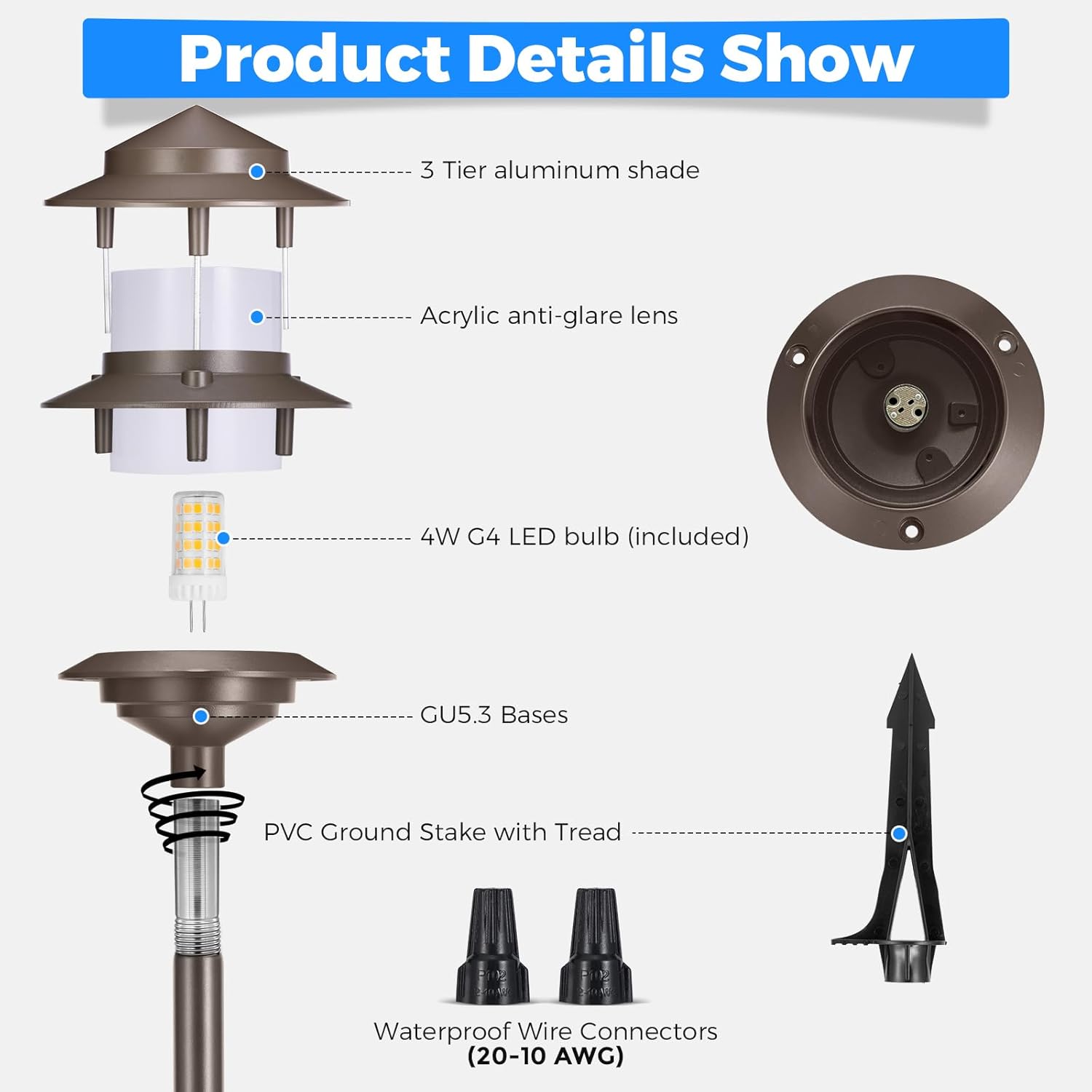 Gardencoin Pagoda Low Voltage Landscape Pathway Lights, 12V Outdoor LED Path Lights Wired, Aluminum Walkway Lighting with 4W 2700K Replaceable G4 Bulb, Bronze Classic 3-Tier Lantern, 6 Pack - Image 4