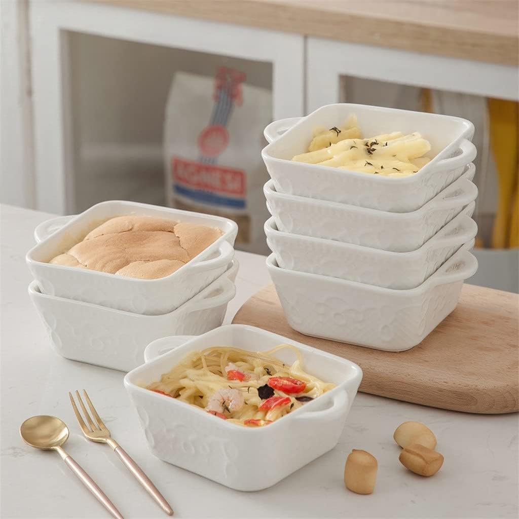 4/8-Piece 305 ml Ceramic White Porcelain Bake Plate Pans Set with Handle Souffle Brulee Pie Tapas Baking Dishes Bakeware (Size : 8-Piece) (8)