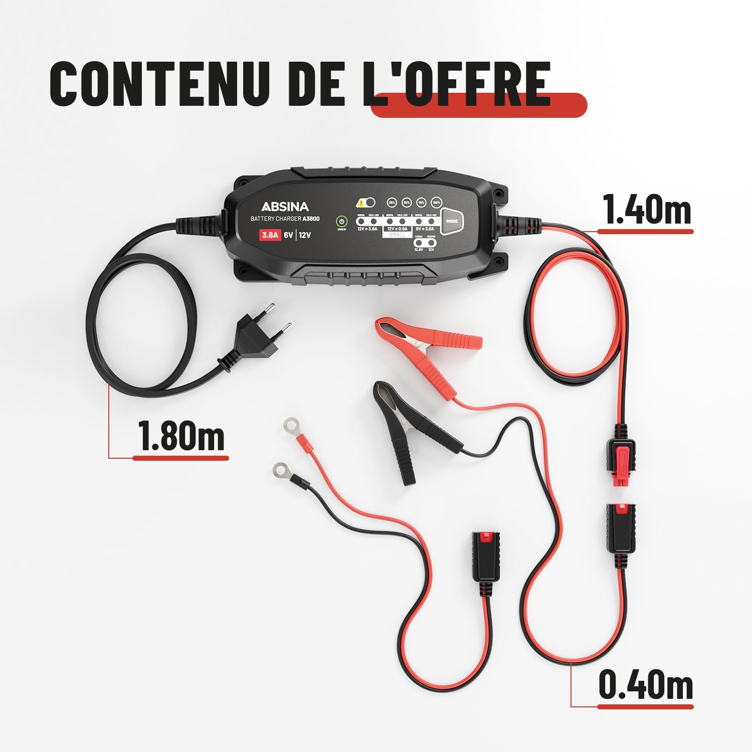 Absina Vollautomatisches 8-Stufen-Ladegerät A3800 Für Fahrzeuge 6 V 12 V 38 A Batterie Ladegeraete