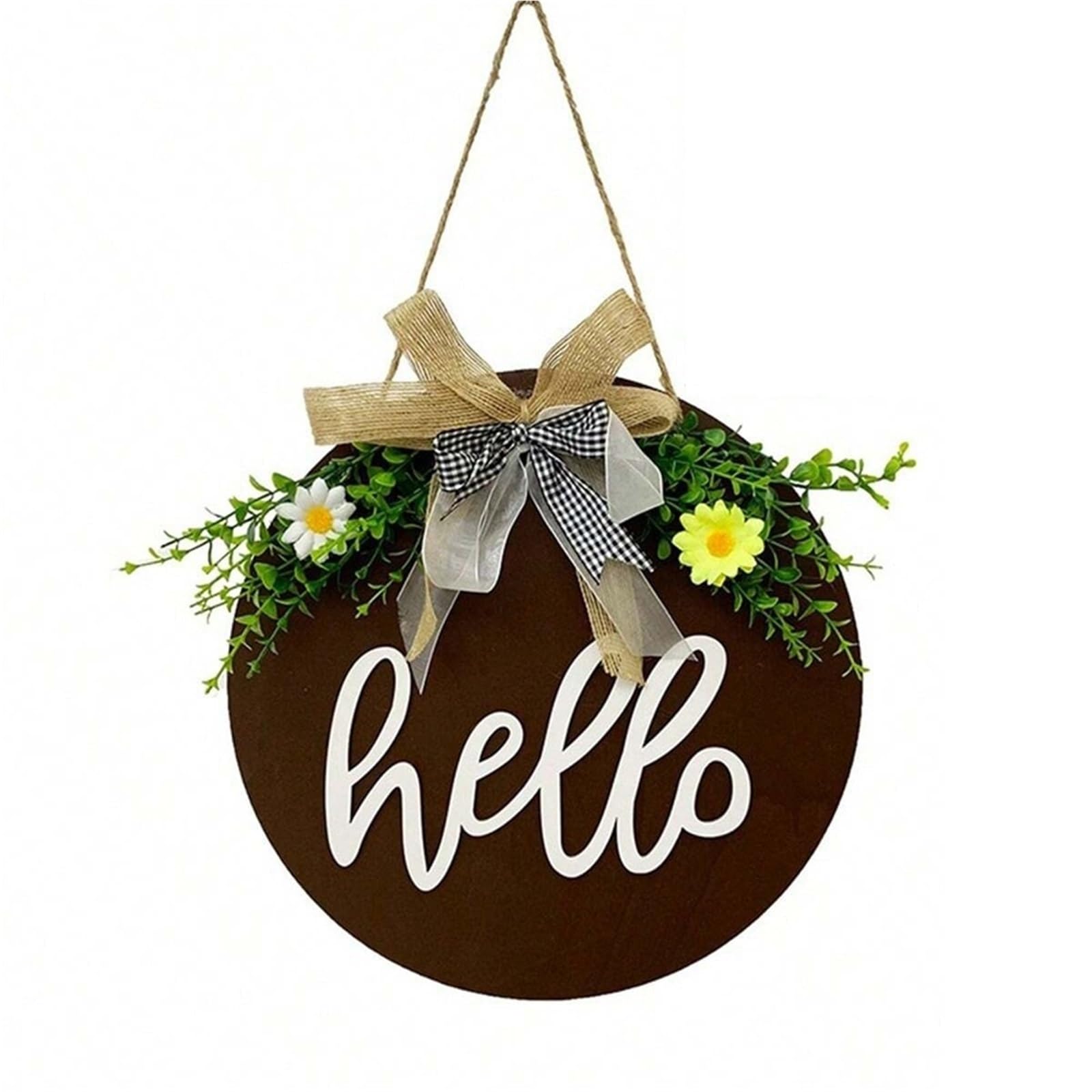Wooden Welcome Sign 12 Inch Welcome Sign For Front Door, Decor For Farmhouse Porch, Rustic Wreaths With Stapled Greenery for home(Brown)