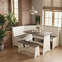 THE CARY C Farmhouse Breakfast Nook Set with L-Shaped Storage Corner Bench, Mid-Century Modern Kitchen Dining Table (Gray White)