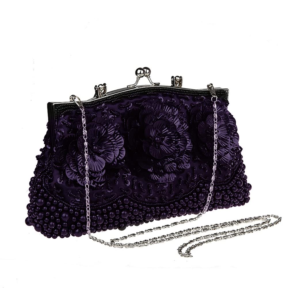 Borsa da donna in stile vintage, con perline floreali, per feste, da sera