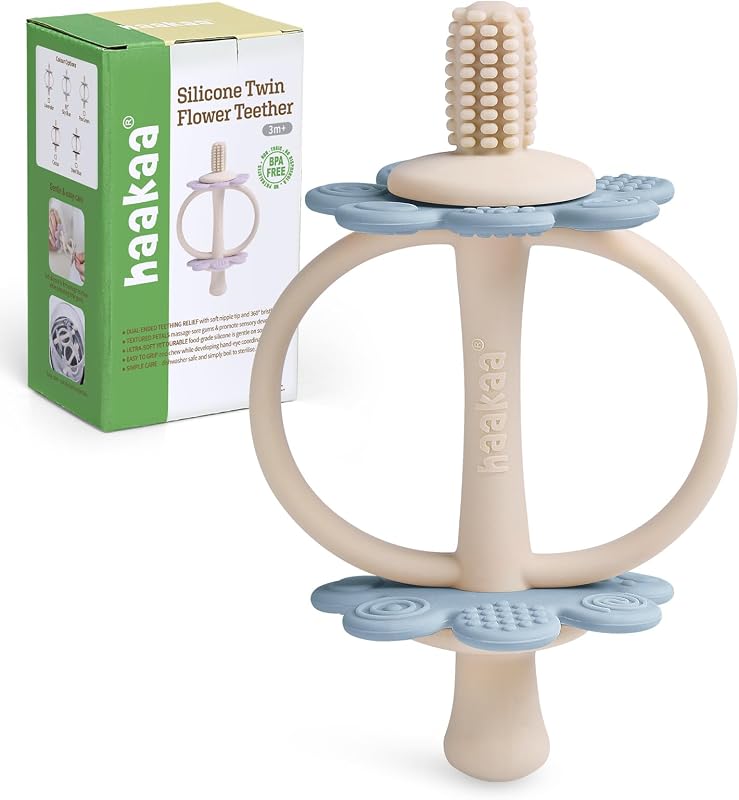 Juguetes mordedores de silicona para bebés de más de 3 meses, fáciles de agarrar, azul cielo | Extremo en forma de pezón para masaje de encías, cabezal de cepillo de dientes para bebé de 360° para entrenamiento de autocepillado