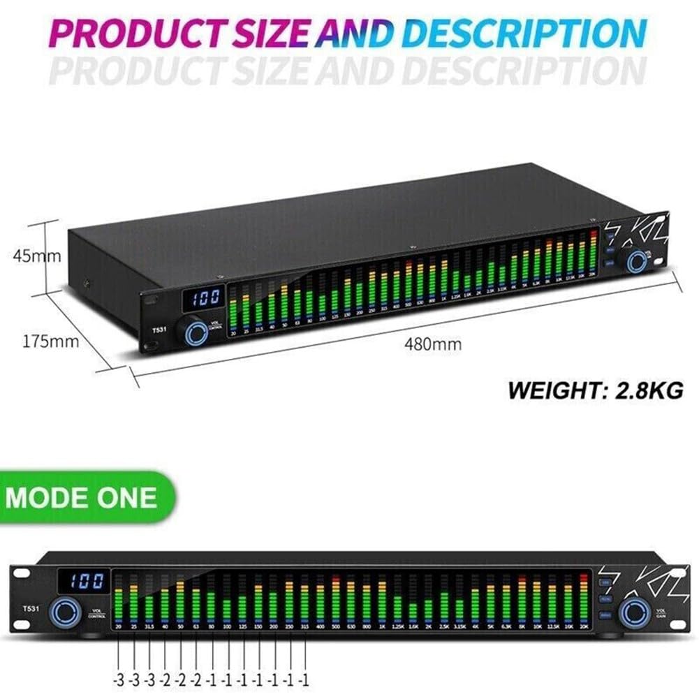 31-Band Stereo Grafik Digital Equalizer mit LED für SPECTRUM-Anzeige, Dual-K für DSP, Rauschunterdrückung, TRS/RCA/XLR Eingänge für Zuhause oder KTV, Schwarz