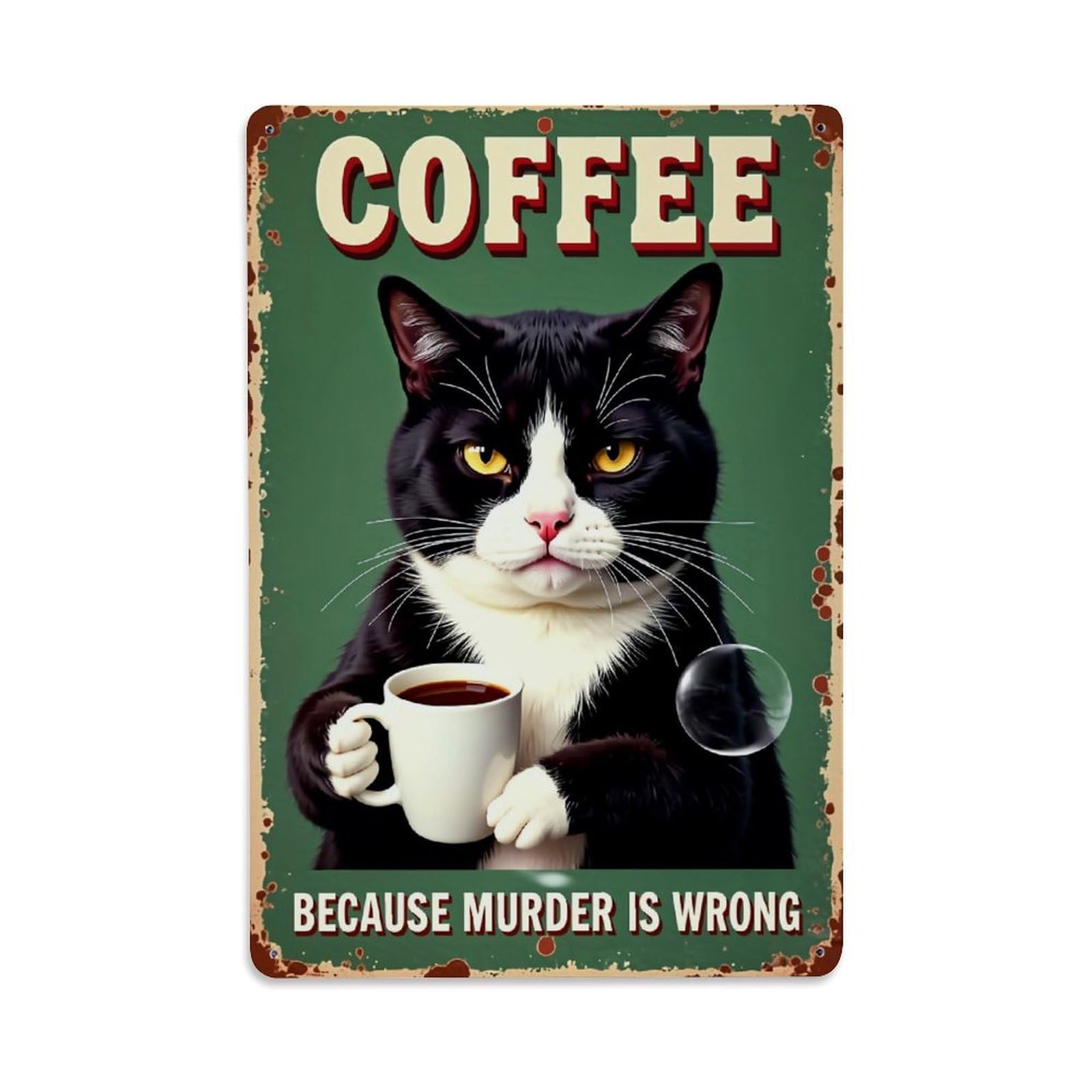 Bliveurn Vintage Cat Holding Coffee Cup Poster Retro Metal Tin Sign, Metal Poster For Home, Gaming Room, Studio Workshop,Bar,Garage Wall Art Decor 8X12 Inch
