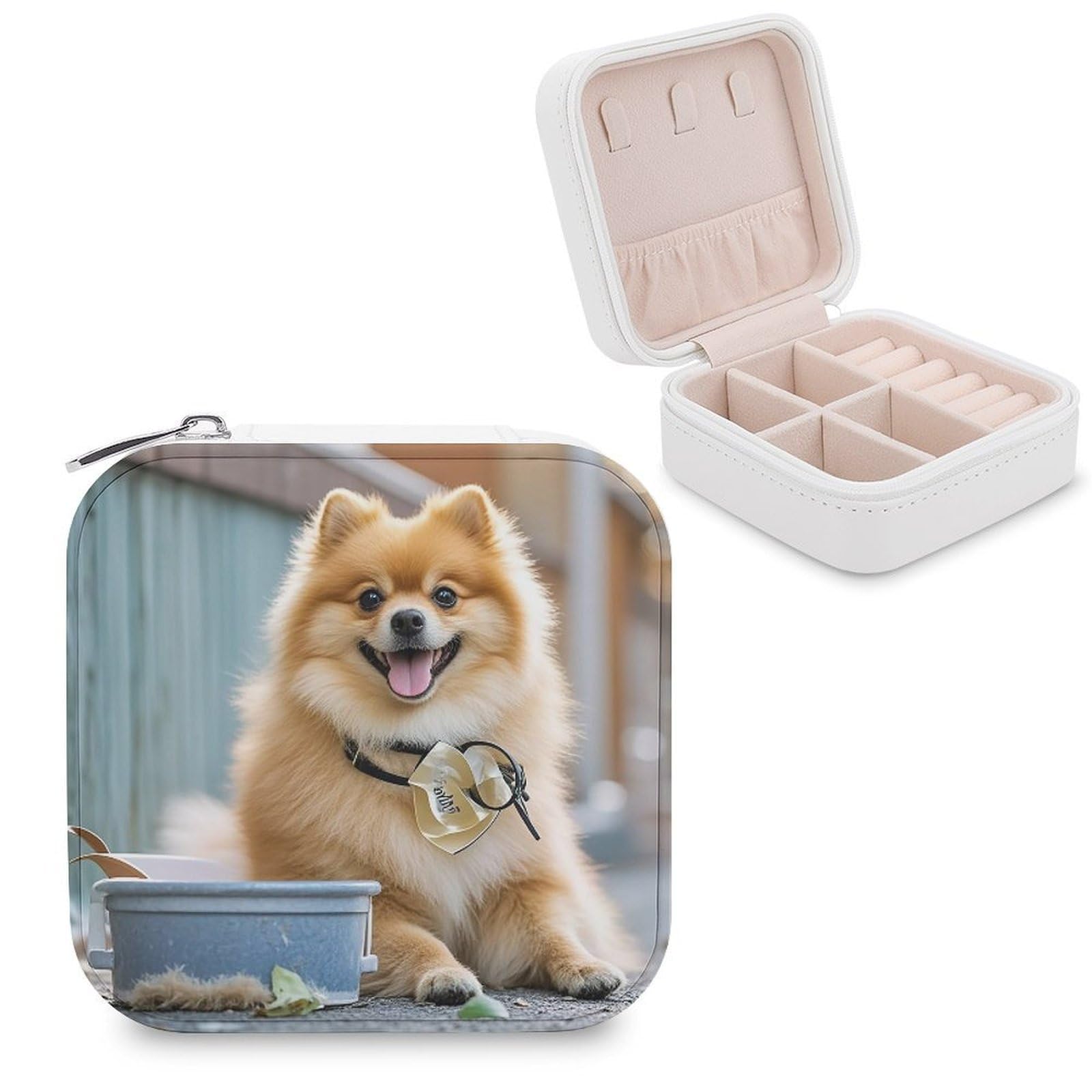 FekiLoot Short-haired Pomeranian Dog Travel Jewelry Box Small Jewelry Organizer Storage Case Portable PU Leather Mini Jewellry Travel Case Necklace Ring Storage Organizer Gift for Women