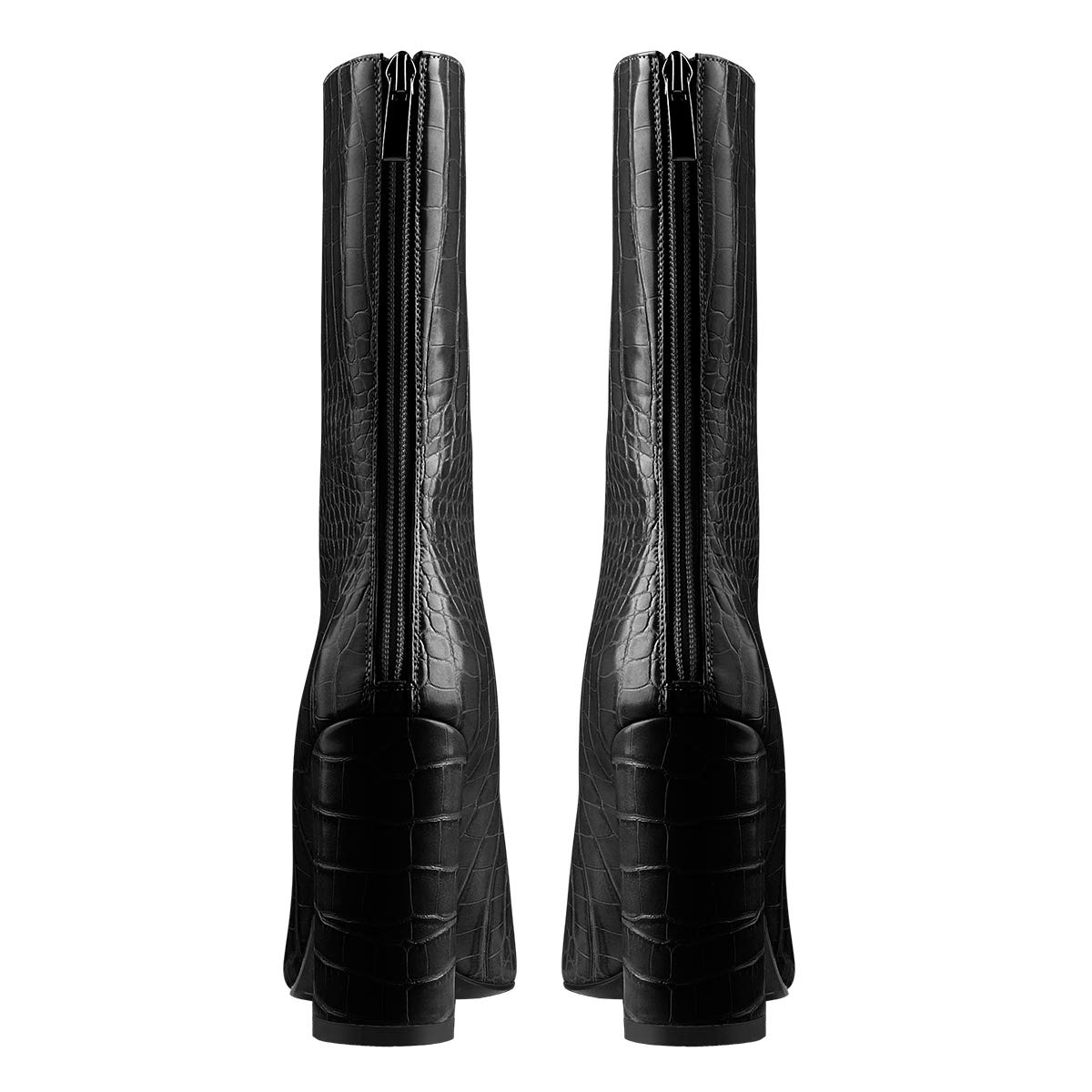 LISHAN Women's Snakeskin Chunky 4in Heel Crocodile Pull On Mid Calf Boots