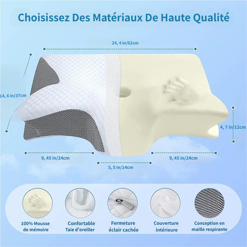 Oreiller Ergo Apnée Du Sommeil, Oreiller Ergonomique Cervical Mémoire De Forme, Oreillers Anti Ronflement Et Apnée Positionnelle, Cousin Ergonomique Nuit Pour Dormeurs Côté, Dos, Ventre (Gris)