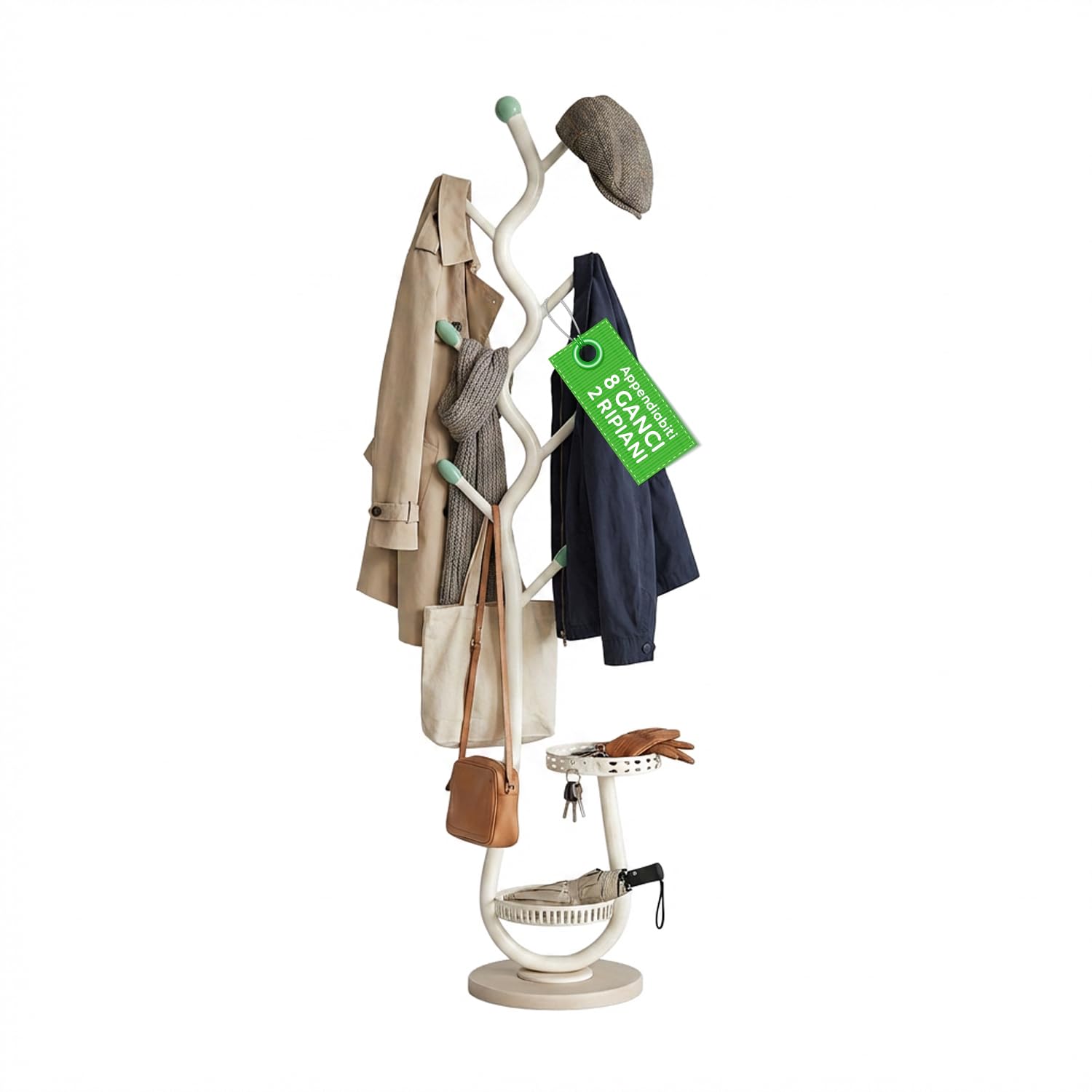 Avilia - Appendiabiti in Metallo Bianco a Piantana - Stand con 2 Vassoi Svuotatasche Integrati - Attaccapanni Salvaspazio ad Alta Portata per Ingresso e Camera - H 166,5 cm
