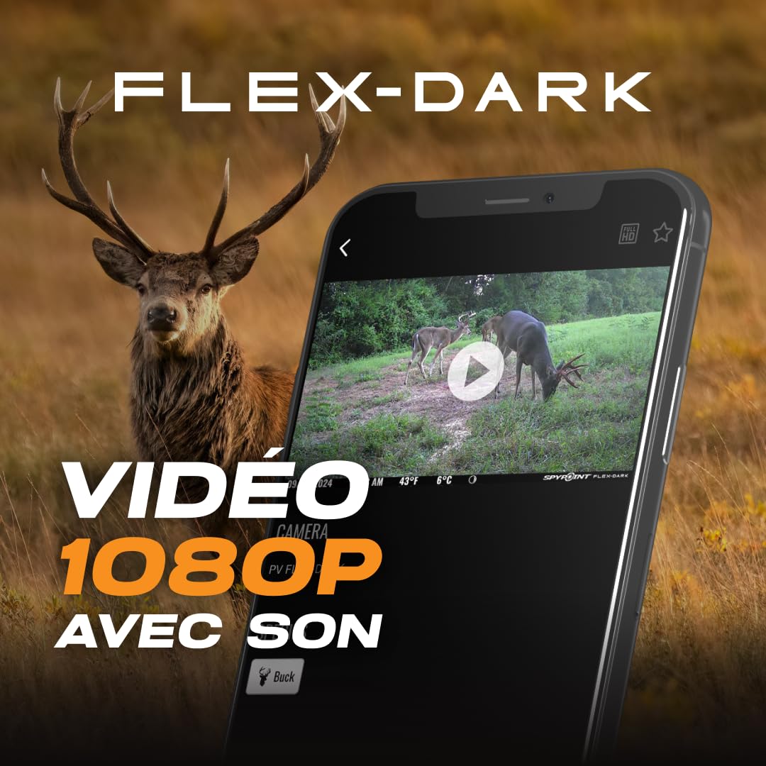 SPYPOINT Flex-Dark Caméra de Chasse cellulaire 40MP, vidéo 1080p avec Son, Vision Nocturne sans Lueur, détection 30 m, sans Wi-FI, Infrarouge Invisible, pour Sentier et gibier | SIM préactivée, 8 piles AA requises, Sangle incluse, Détection 30m, Compatibl