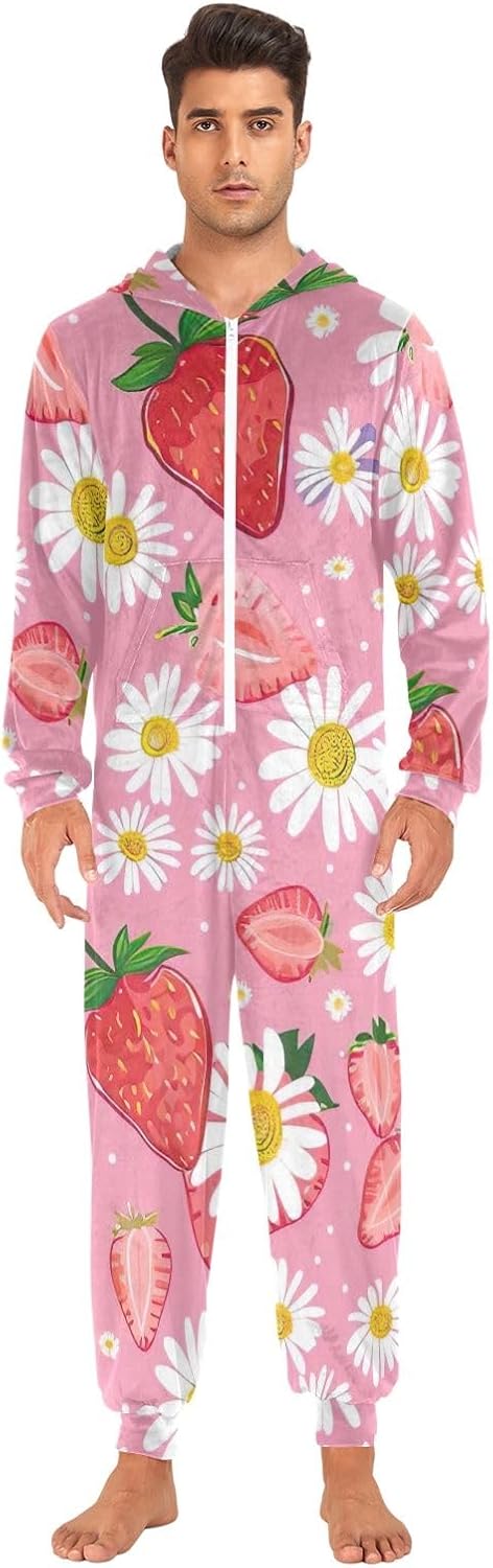 GAIREG Red Strawberries White Daisies Adult Onesie Pajamas with Hood Zipper Closure for Men Women Loungewear Sleepwear