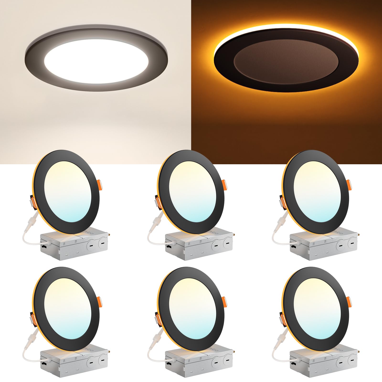 Amico 6 Pack Black 6 Inch 5CCT LED Recessed Ceiling Light with Night Light, 2700K/3000K/3500K/4000K/5000K Selectable Ultra-Thin Lighting, 12W=110W, 1100LM, Dimmable Canless Wafer Downlight - ETL&FCC