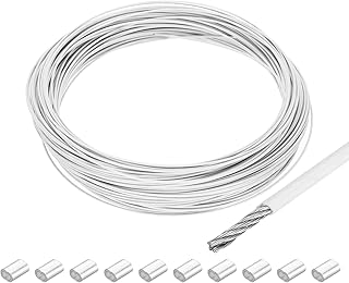 sourcing map Cuerda de alambre de 30 m, cable de acero inoxidable 304 de 1/24 pulgadas (1 mm) recubierto de vinilo con 10 fundas de aluminio para colgar, tendederos de ropa, levantar color blanco