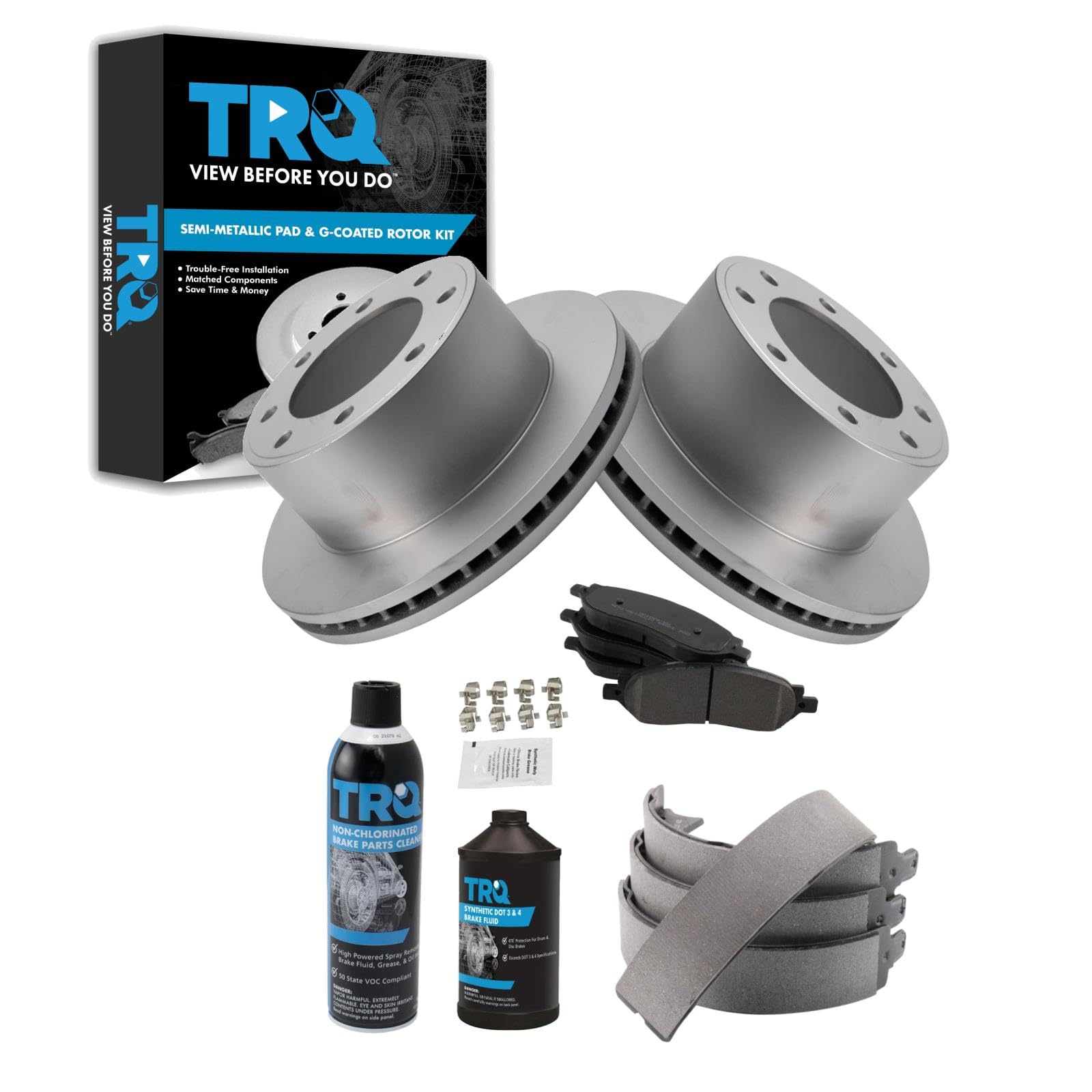 TRQ Rear Brake Pad &amp; Rotor Kit, with Chemical Kit Parking Brake Shoe Set Semi-Metallic Compatible with 2005-2007 Ford F-250 Super Duty F-350 Super Duty