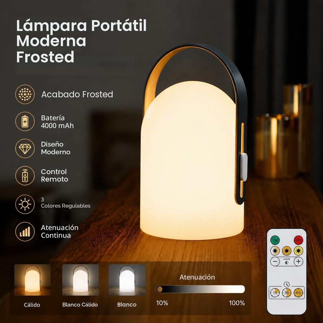 TRIROCKS Lámpara de Mesa Portátil sin Cable, Lámpara LED Recargable 3 Niveles de Intensidad, Luz Nocturna con Control USB para Camping, Hogar y Exterior