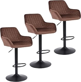 ralex-chair Barhocker 3er Set, Höhenverstellbare Drehbare Barhocker aus Samtstoff, Frühstücks-Esshocker mit Rückenlehne und Armlehne für Bar, Theke und Küche, Braun