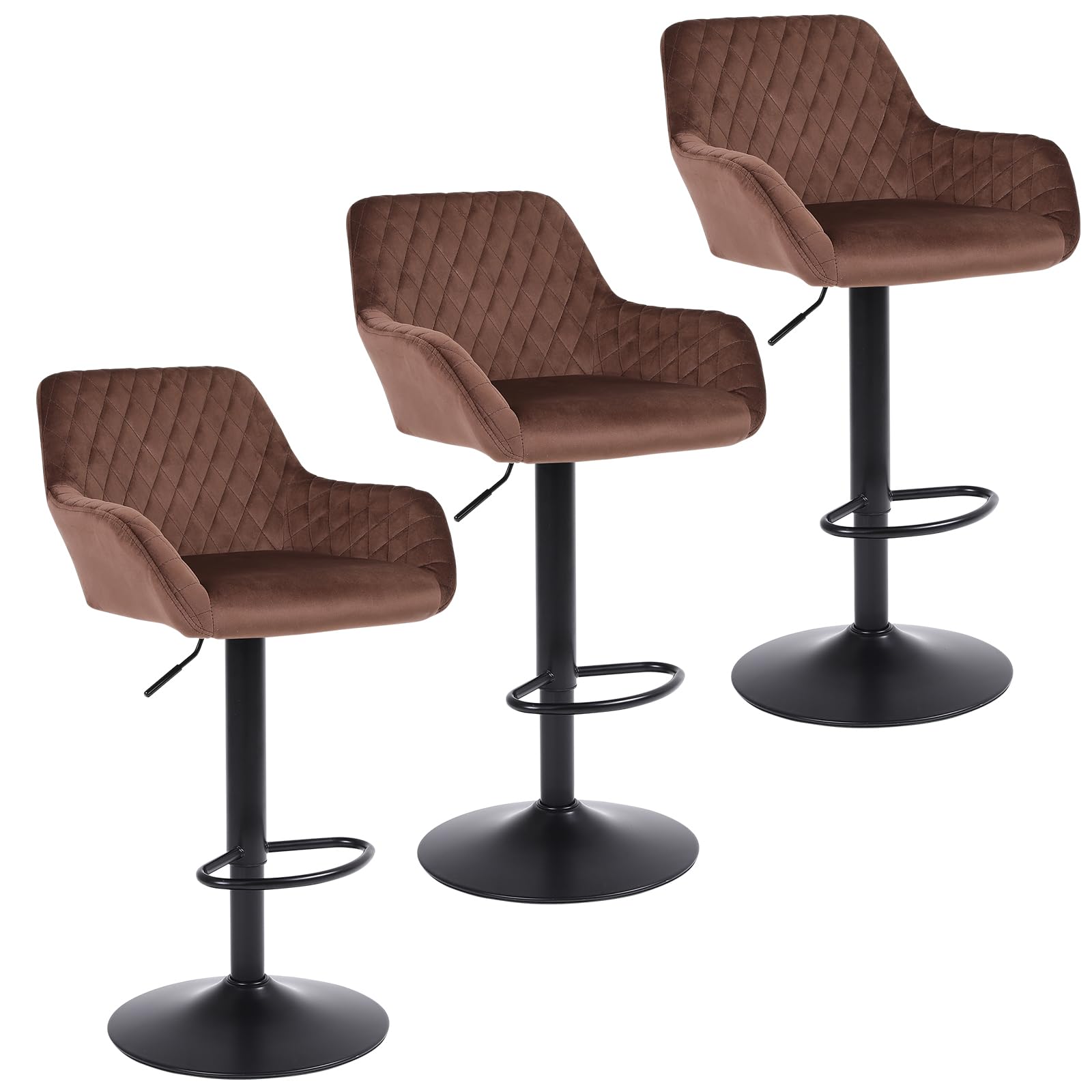 ralex-chair Bar Stools Set of 3, Height Adjustable Velvet Fabric Swivel Barstool Bar Chairs, Breakfast Dining Stools With Backrest and Armrest for Counter and Kitchen, Brown