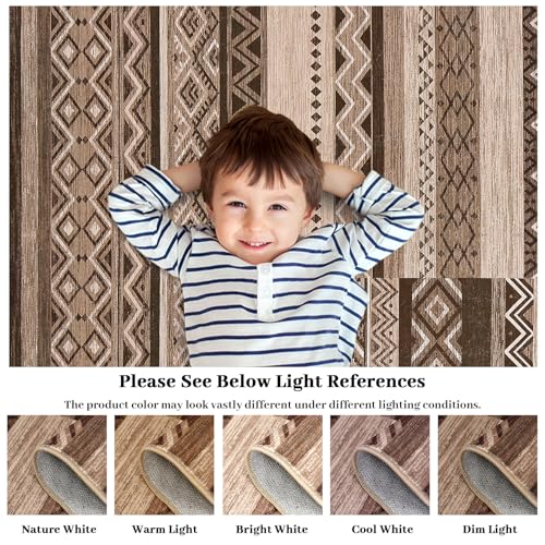 2x6 Runner Rug Distressed Vintage Rugs, Machine Washable Non-Slip Stain Resistant Rug for Dining Room Bedroom, Tribal Farmhouse Neutral Carpet Geometric Rug, Brown