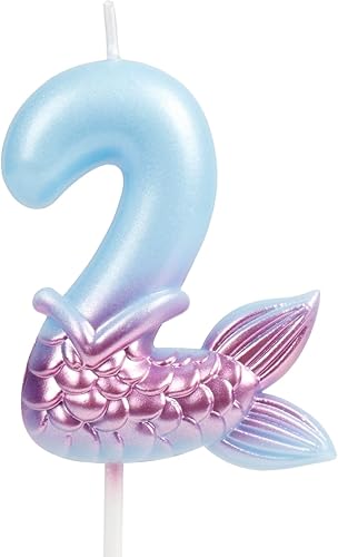 Velas de cumpleaños con números 2, decoraciones de cumpleaños de sirena, velas de feliz segundo cumpleaños para pasteles, velas de pastel de