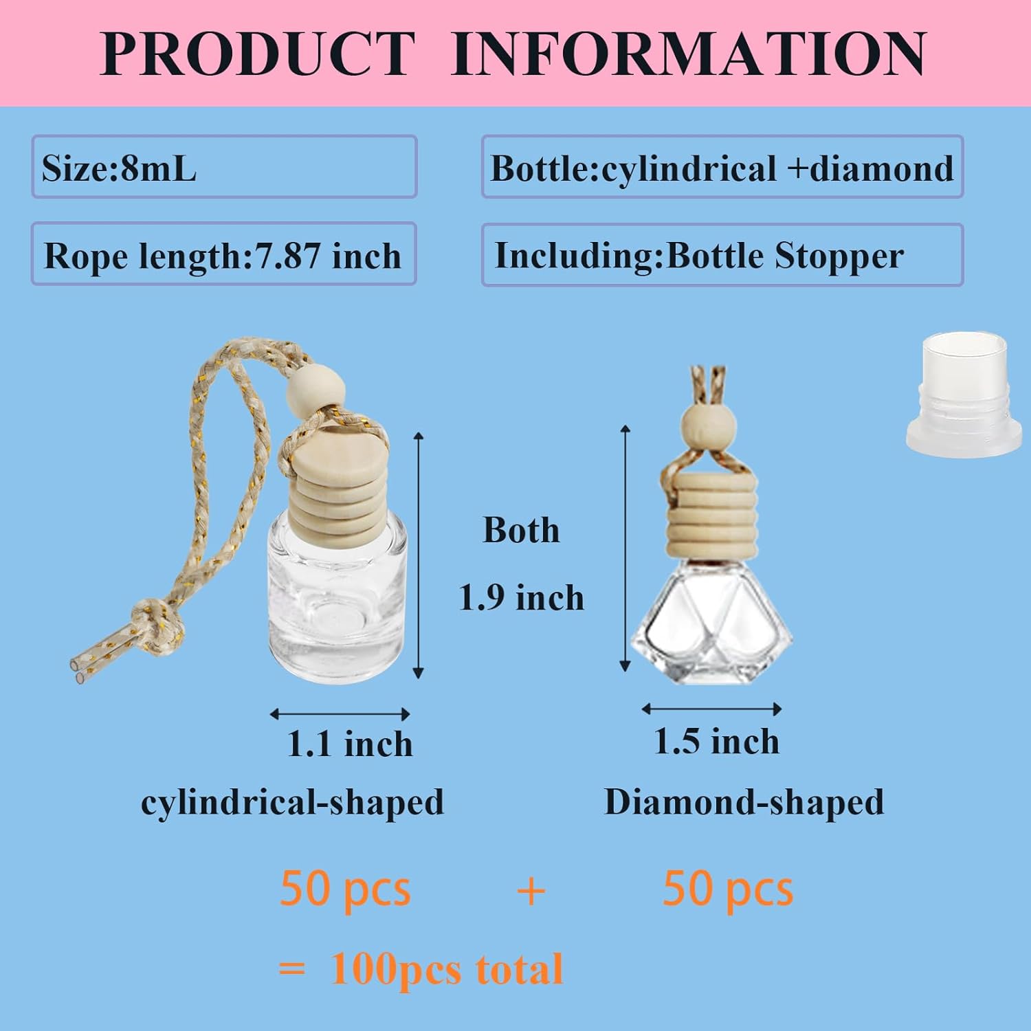 100pcs 8ml Hanging Car Air Freshener Diffuser Car Diffuser Bottles,Empty Refillable Clear Glass Essential Oil Fragrance Perfume Pendant Glass Vials with Wooden Caps Car Diffuser Air Freshener