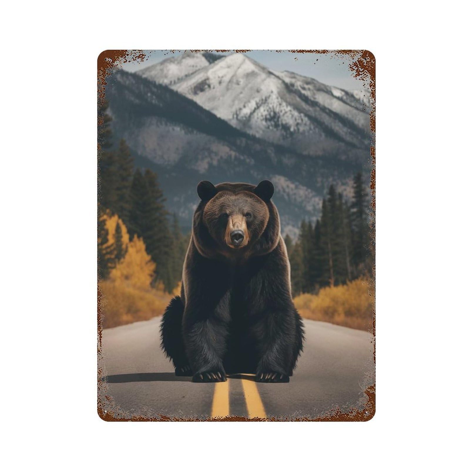 Bear on Road with Mountain Decorative Tin Sign 15.7"x11.8", Vintage Wall Decor for Garage, Pub Or Kitchen