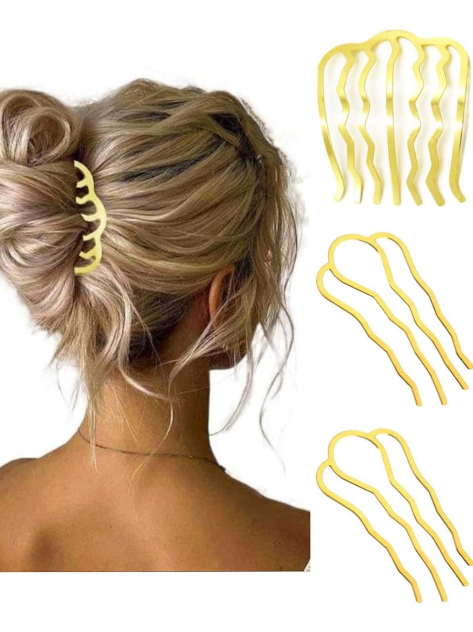 Miss Lirenn® Metal Hair Side Combs Fork Clips, Set of 3 U-Shaped Prongs, 5-8 cm Width, Gold, Hair Bun Styling Accessories for Women (Gold)