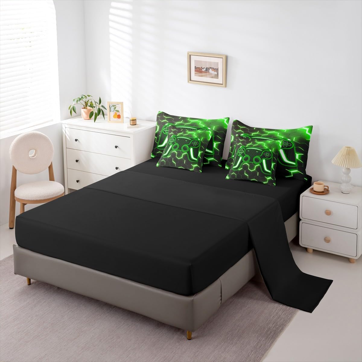 Erosebridal Gaming Queen Bedding Sets 7 Piece for Boys Kids Teens Gamer Comforter Set Geometric Green Gamepad Sheet Set Video Games Console Bed in A Bag Honeycomb Bedroom Decor