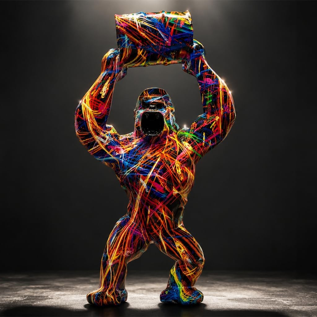 Colorful Graffiti Gorilla Statue, 11.6" Modern Pop Art Resin Animal Sculpture, Water Transfer King Kong Figurine Desk Decor for Gaming Room, Office & Home Gym, for Men