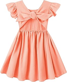 Toddler Girl Linen Dress Open Tie Back Backless Ruffle Sleeve Summer Party Beach Sundress - Buy now
