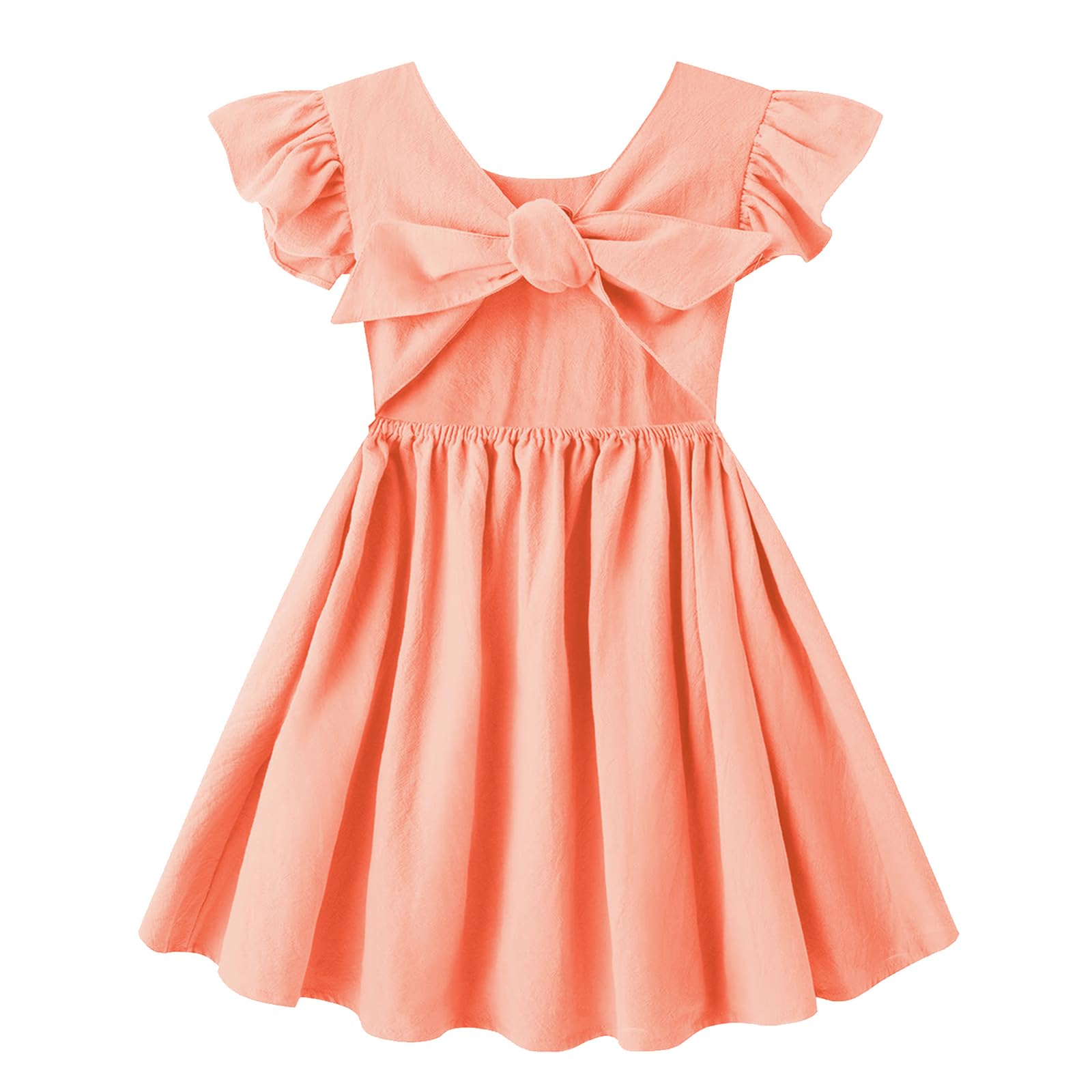 HILEELANG Toddler Girl Linen Dress Open Tie Back Backless Ruffle Sleeve Summer Party Beach Sundress