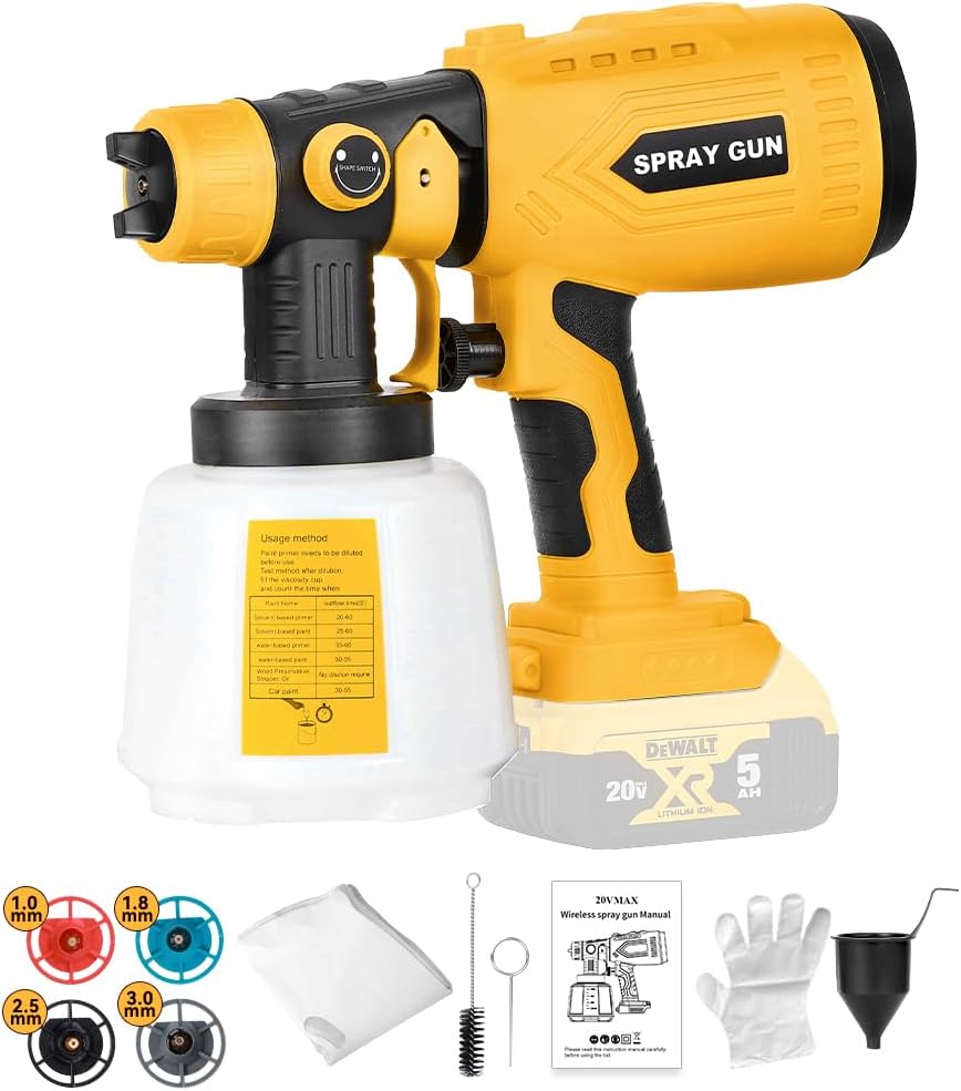 Paint Sprayer for Dewalt 20V Max Battery Cordless Paint Sprayer Gun with 200W Power Motor and 4 Copper Nozzles, HVLP Paint Sprayer for House Painting Home Interior Exterior(Tool Only)