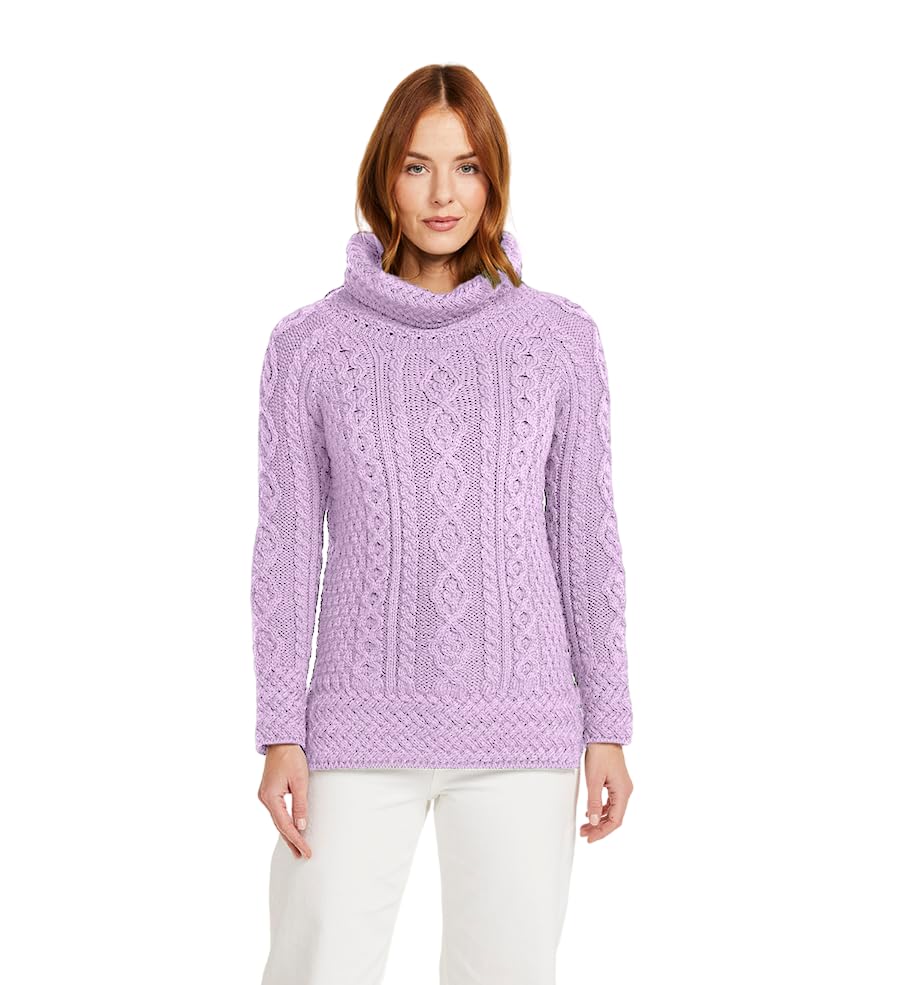 Carraig Donn Irischer Aran Pullover Strickpullover Wollpullover Sweater 100% Merinowolle für Damen (Lavendel, L)