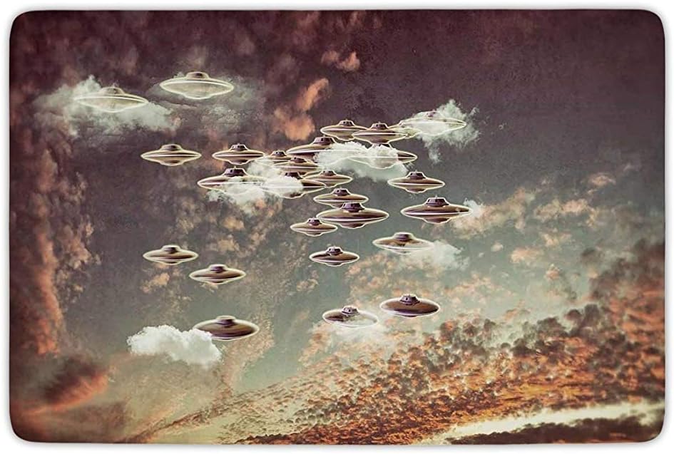 Bathroom Bath Rug Kitchen Floor Mat Carpet,Outer Space,Flying Objects in Cloudy Sky UFOs Aliens Futuristic Science Fiction Theme Print,Multicolor,Flannel Microfiber Non-Slip Soft Absorbent